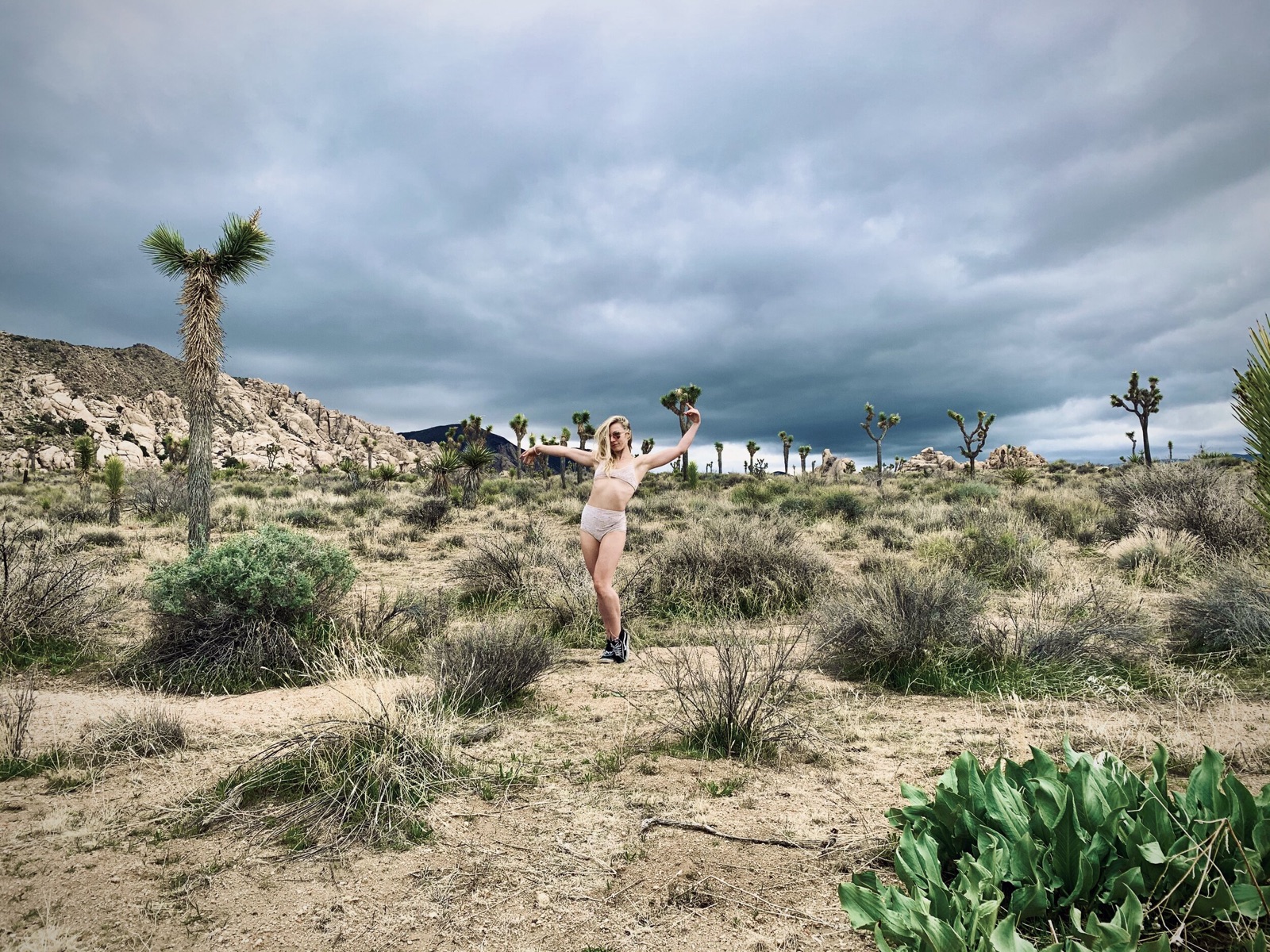 A friend poses with arms outstretched in a desert landscape of Joshua trees under heavy storm clouds.